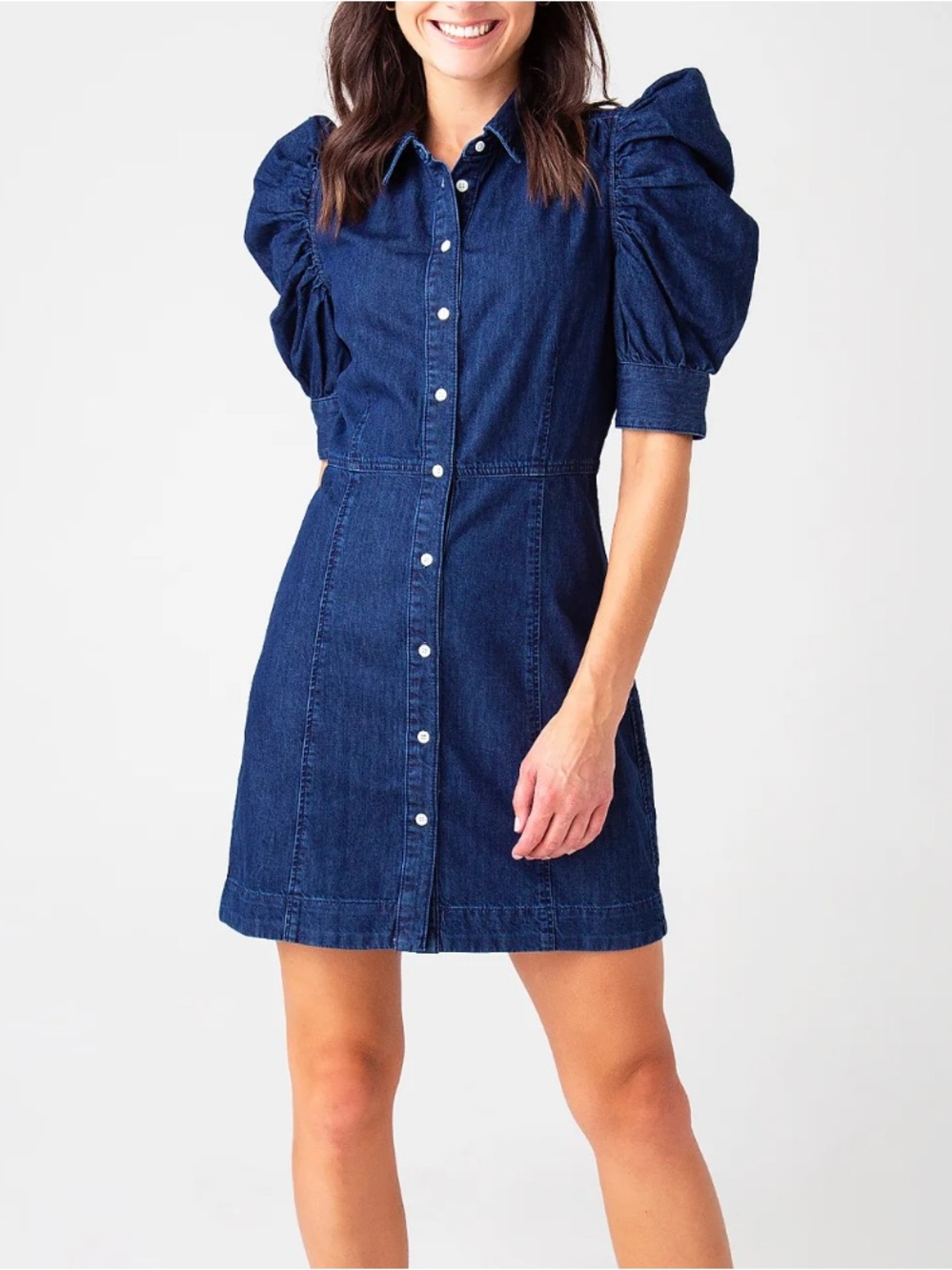 FRAME NWT Gillian Denim Puff Sleeve Dress Sz Medium Button Front Tailored Cotton